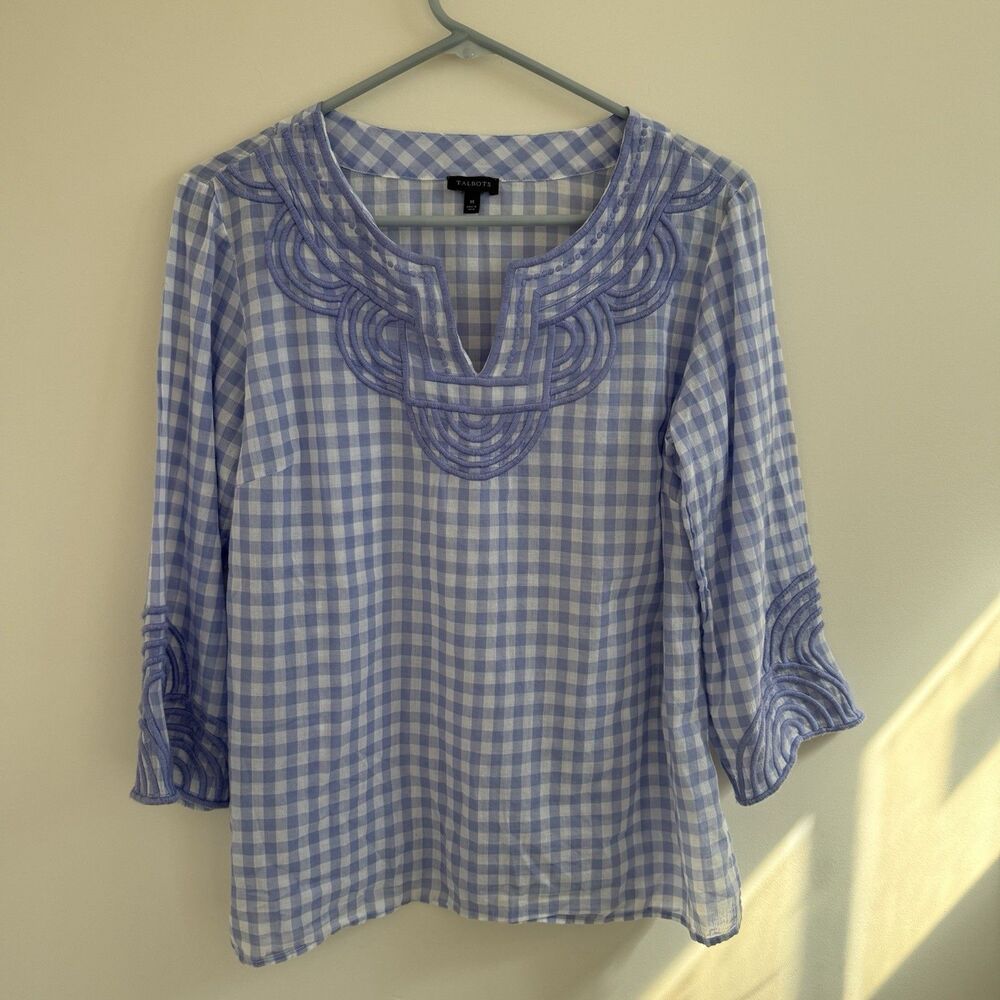 TALBOTS Women Embroidered Lavender White GINGHAM Lightweight Cotton Tunic Top M
